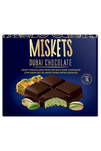 Miskets Dubajská horká čokoláda s pistáciovou náplňou s cestovými rezancami kadayif 100 g